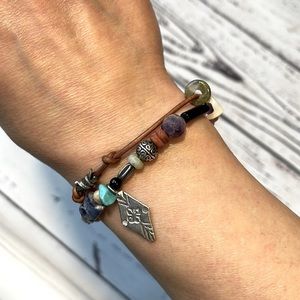 Artisan Made Sterling Silver Leather Semi-Precious Stones Wrap Bracelet Choker